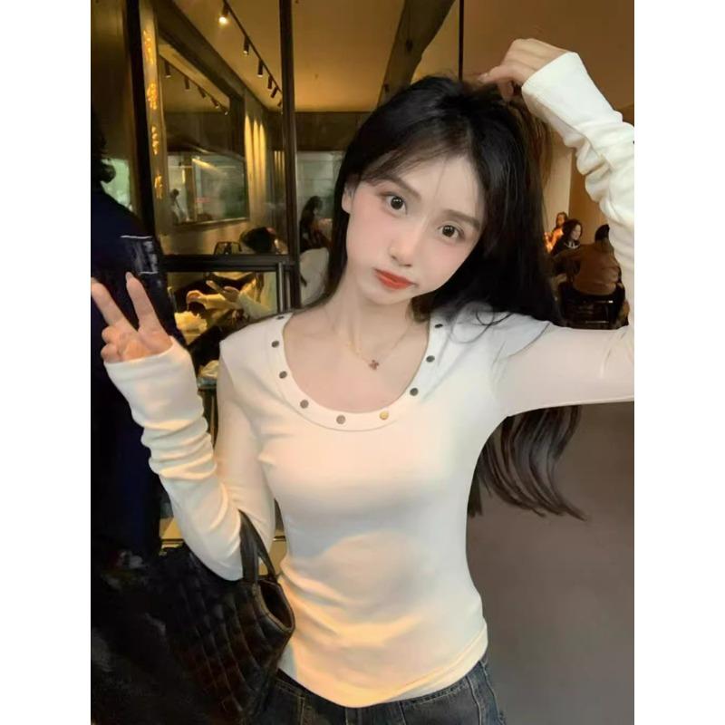 Temperament collar, rivet shirt, long-sleeved women's top, spring slim-fit Spice Girl style fashionable inner bottoming shirt