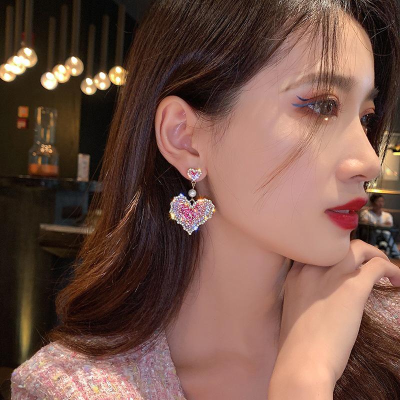 Korean Style Colorful Heart Earrings - 925 Silver Needle, Elegant Diamond Design, Trendy and Versatile.