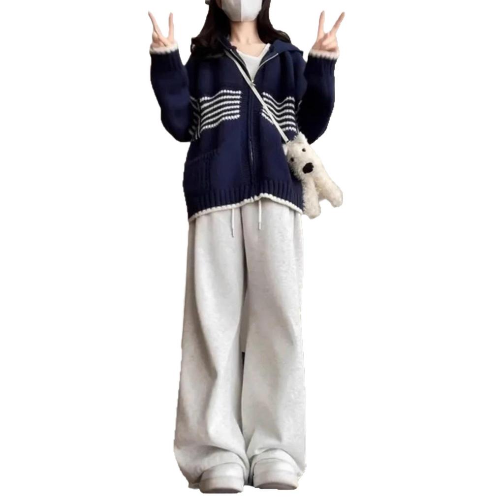 Hong Kong Chic Striped Hooded Cardigan for Women - Autumn/Winter Loose Knit Sweater Coat