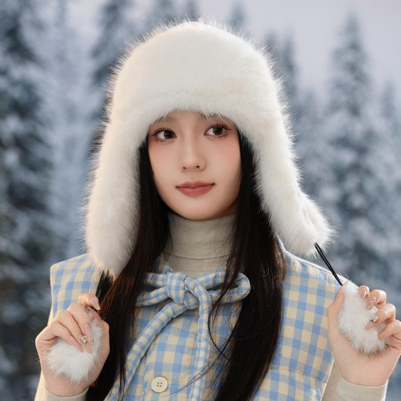Winter Outdoor Cold and Warm Piled Thickened Warm Rabbit Plush Ear Protector Strap Hat