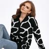 Autumn Winter Women Jacquard Sweater Loose Knit Coat V Neck Long Patterned