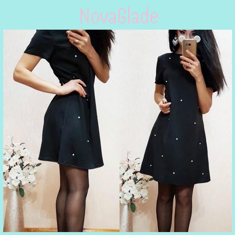 Elegant Casual O Neck Short Sleeve A-line Dress With Studded And Beaded Accents