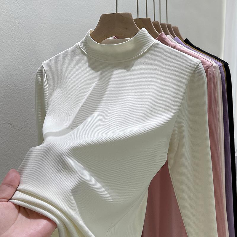 Long-sleeved t-shirt women's summer wear new slim-fitting and thin threaded bottoming shirt, basic small stand-up collar top for outer wear