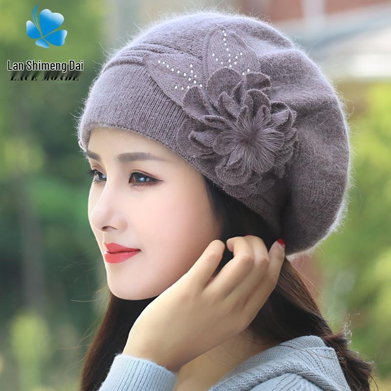 Women's Thick Velvet-Lined Rabbit Fur Knit Beret for Autumn/Winter: Korean Style with Ear Protection