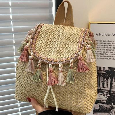 Zaino con frange in stile etnico bohémien, grande capacità, borsa di paglia per il tempo libero e le vacanze