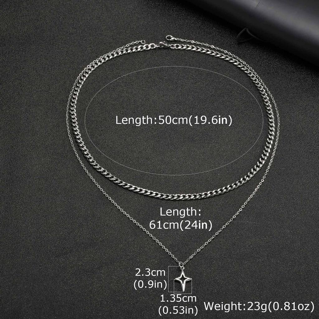 Hip-hop 2pcs Star Necklace for Men Boys,Trendy Stainless Steel Silver Color Four-point Star Stacked Chokers Gift