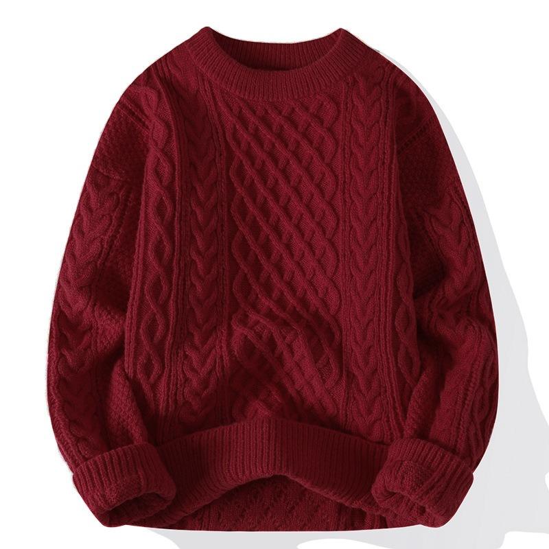 Herren Rot Dicker Zopfmuster Pullover Lässig Langarm Warm Pullover Oberbekleidung