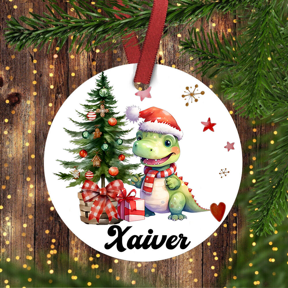 Personalised Christmas dinosaur decoration, Xmas tree ceramic hanging ornament, gift bauble, first Christmas keepsake present