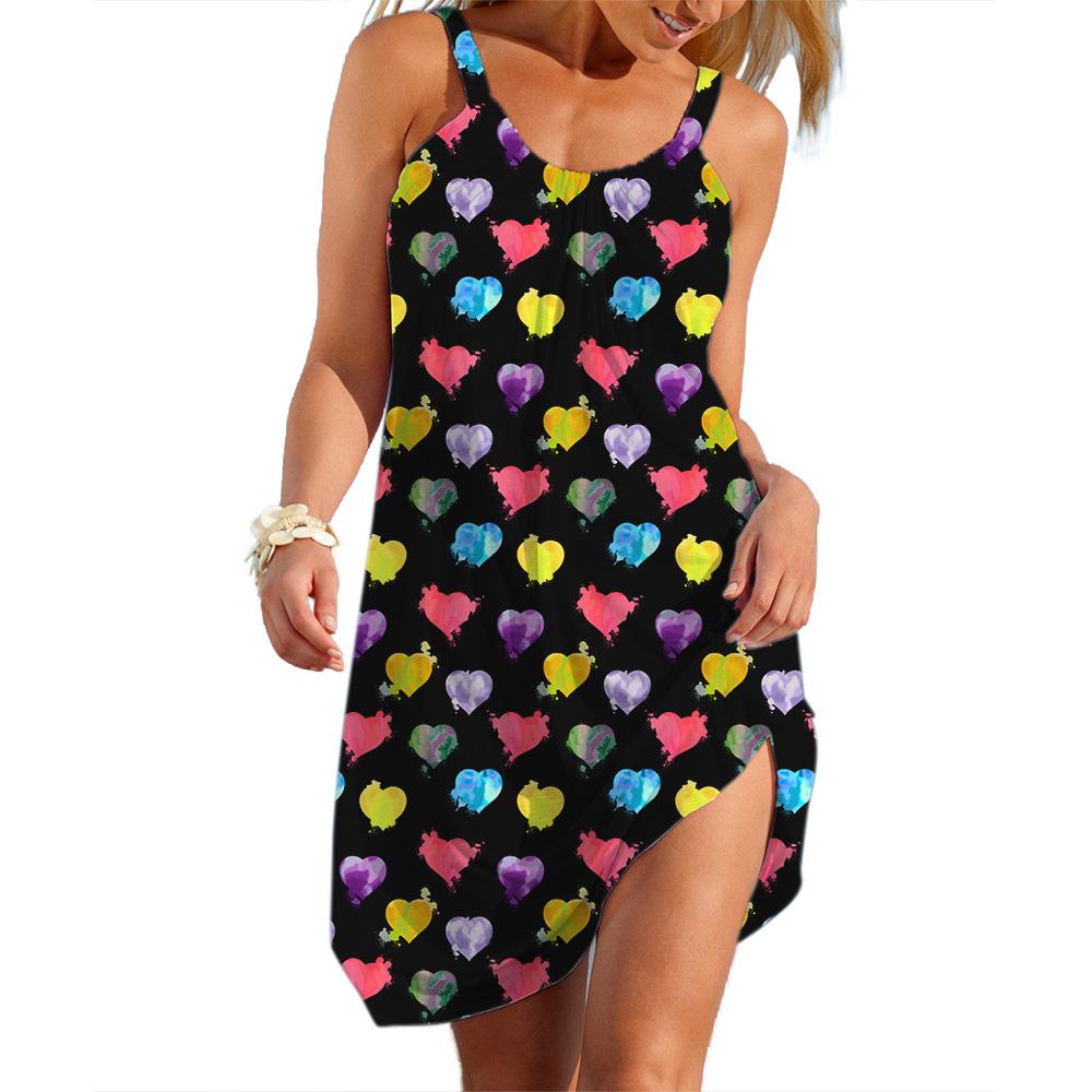 Women's A-line Slip Dress Daily Wear Colorful Heart Graphic Clothing Female Casual Clothes Sale Woman Loose Lady Soft Dresses
