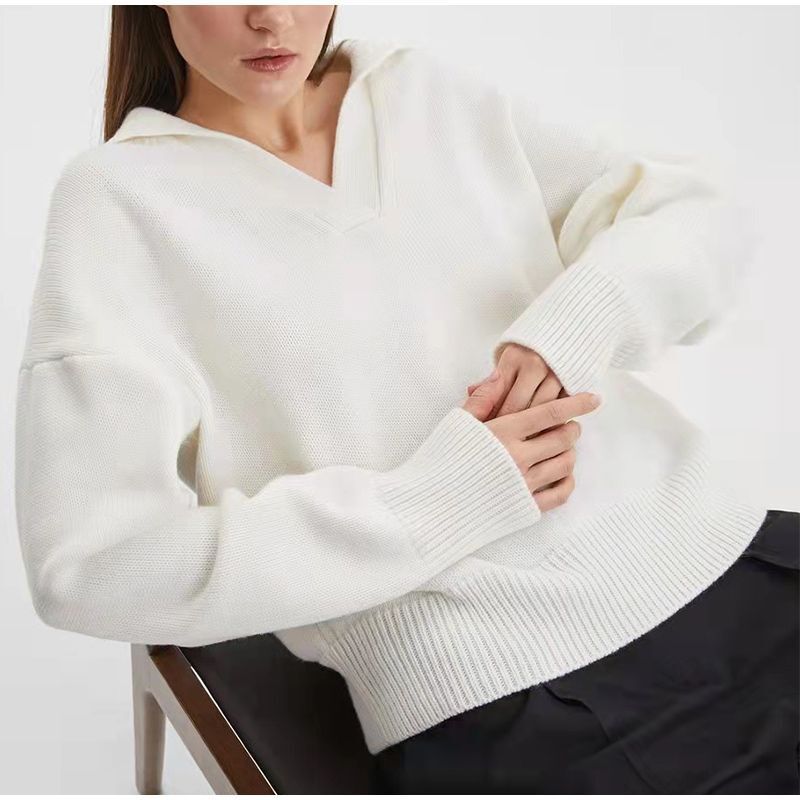 Women Autumn Polo Neck Long Sleeve Solid Color Long Sleeve Casual Knitted Sweater