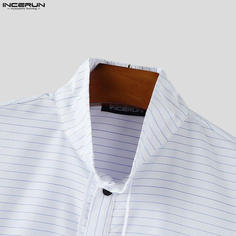 INCERUN Men Spring Stand Neck Long Sleeve Striped Casual Oversized Shirts Tops