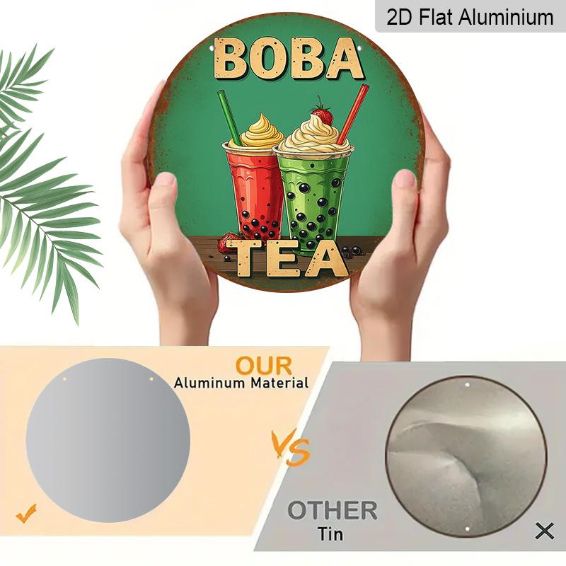 2D Flat - A Vintage Aluminum Sign About 'BOBA TEA', Retro Bubble Tea Cup Design with Strawberry & Cream Topping Measuring 7.87 Inches, Suitable for