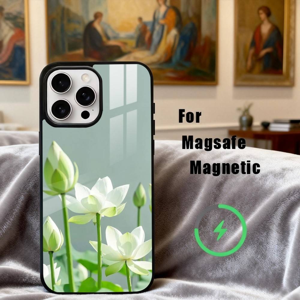 E-Emerald W-White Lotus Phone Case For iPhone17,16,15,14,13,12,11 Plus,Pro Max Magnetic For Magsafe Wireless Charging