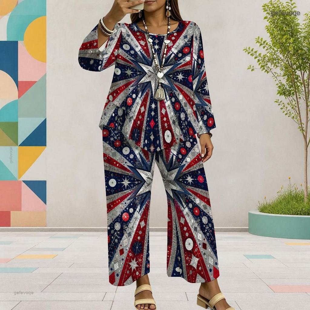 Women Plus Size Round Neck Long Sleeve Printed Top And Wide Leg Pants Two Piece Set