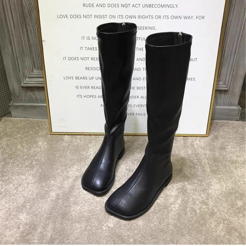 Fashion Street Style Stretch Women Knee High Boots Fashion Elegant Square Toe Shoes Women's Modern Flats Long Booties