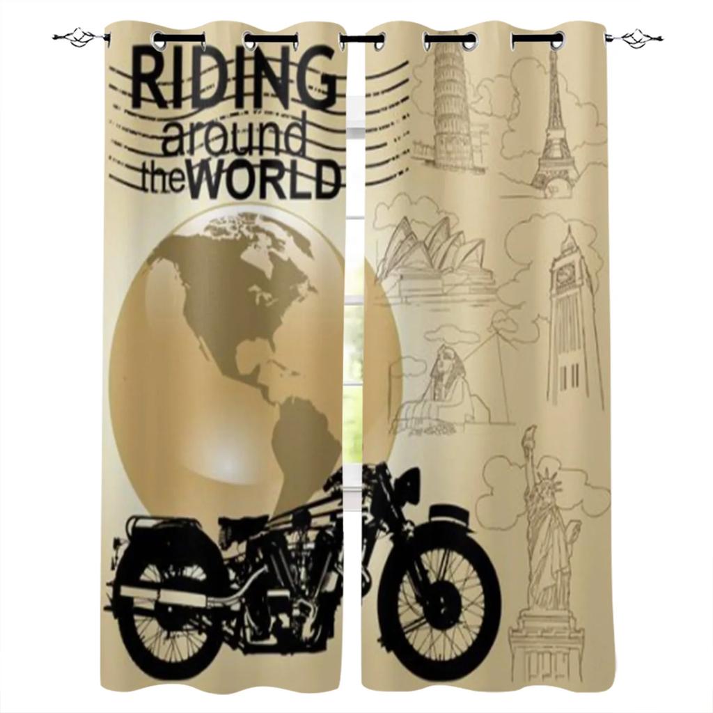 2 panels Vintage Motorcycle Print Curtains for Bedroom Living Room Floor-to-ceiling Window Kitchen Blinds cortinas Grommet Top