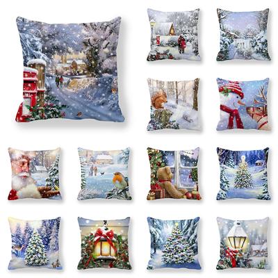 Winter Snow Santa Claus Christmas Tree Animal Squirrel Print Cushion Cover Home Living Room Sofa Decoration Pillow Pillow Cover