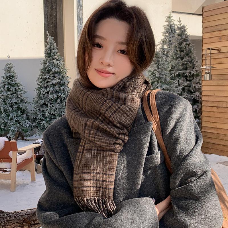 Coffee wool scarf women's new autumn and winter plaid cashmere couple scarf men