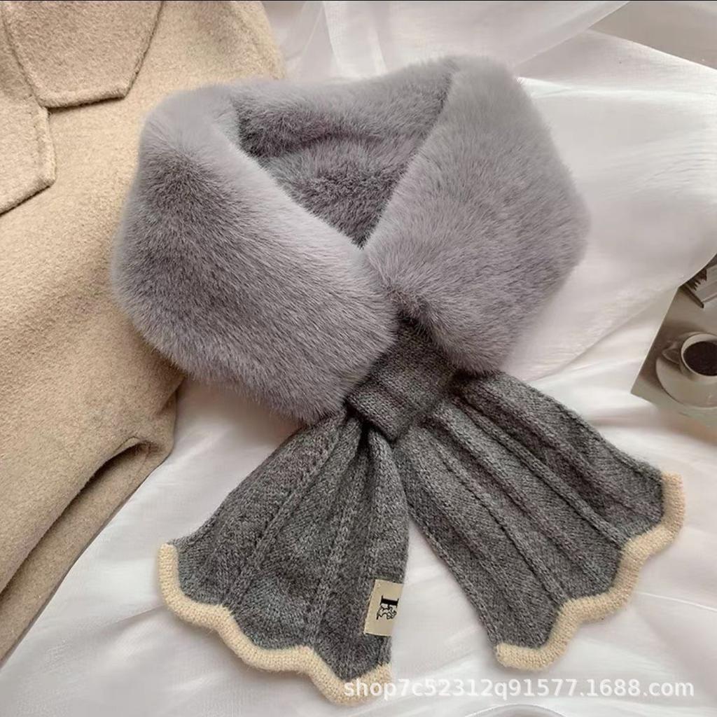 Korean Style Furry Neck Gaiter Women Autumn Winter Thickened Fish Tail Cross Fur Collar Faux Rex Rabbit Fur Warm Knitted Plush Neck Cover