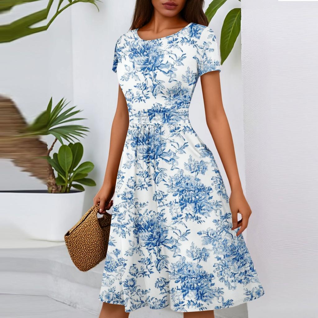 Women's Casual Fashion Round Neck Pleated Short Sleeve Floral Print A-Line Midi Dress