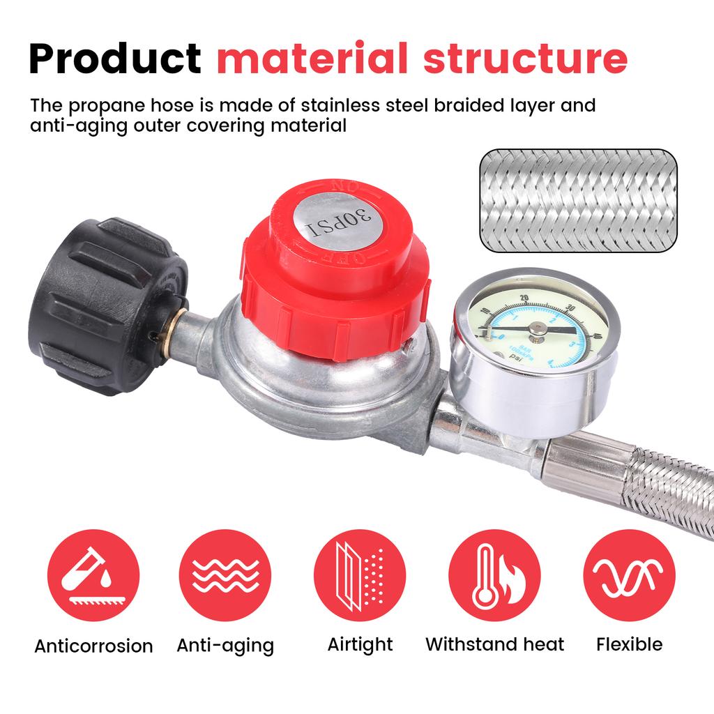 Propane Regulator Stainless Steel Brass Propane Regulator Adjustable Heat Resistant Gas Grill Regulator Hose for Camping Stove