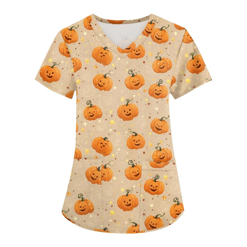 Women's Printing Uniform Work Uniform V-neck Pockets Basic Short Sleeve Pullover Top