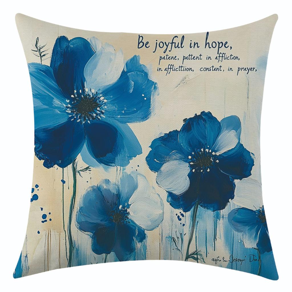 New Blue Watercolor Flower Linen Pillowcase for Holiday Decoration and Car Cushion Cover