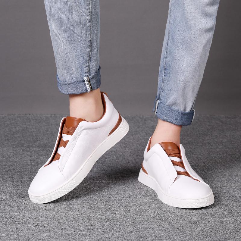 Fashion High Quality Genuine Leather Men's Slip-On Casual White Sneakers Flat Lazy Board Shoes Soft Sole Comfortable Everyday Wear