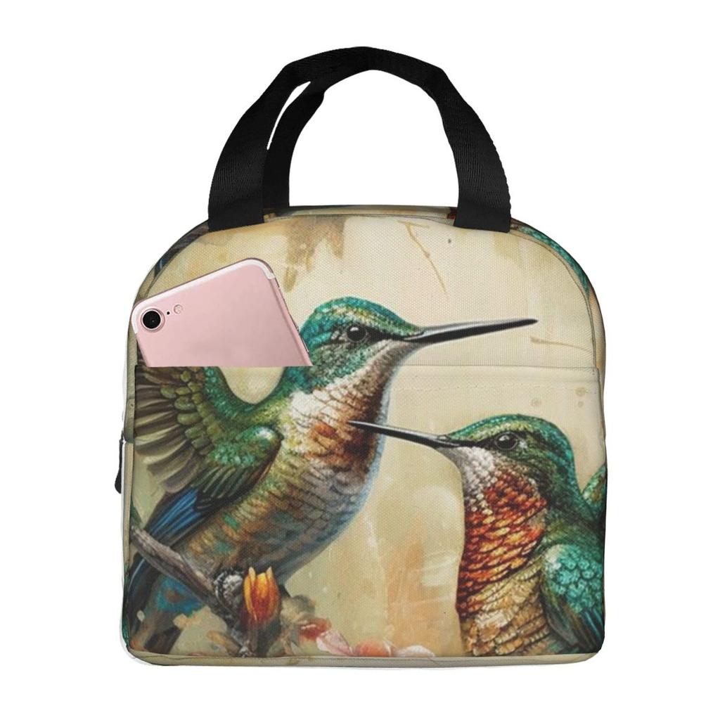 Fågel Rosa Blomma Vintage Mönster Isolerad Lunchväska för Kvinnor Barn Bärbara Matlådor Termisk Lunchlåda Tote