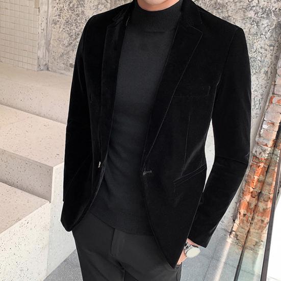 Spring Men Blazer Solid Color Turndown Collar Long Sleeve Slim Fit Single Button Velvet Suit Coat Streetwear