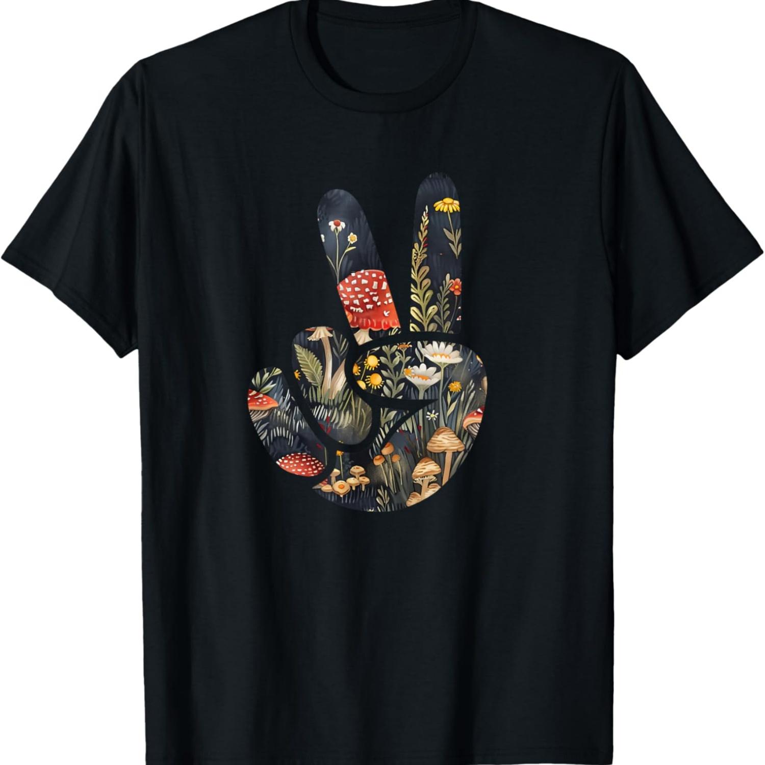 

Natural Silhouette Forest Meadow Cottagecore Peace Sign Hand T-Shirt(32) S чёрный