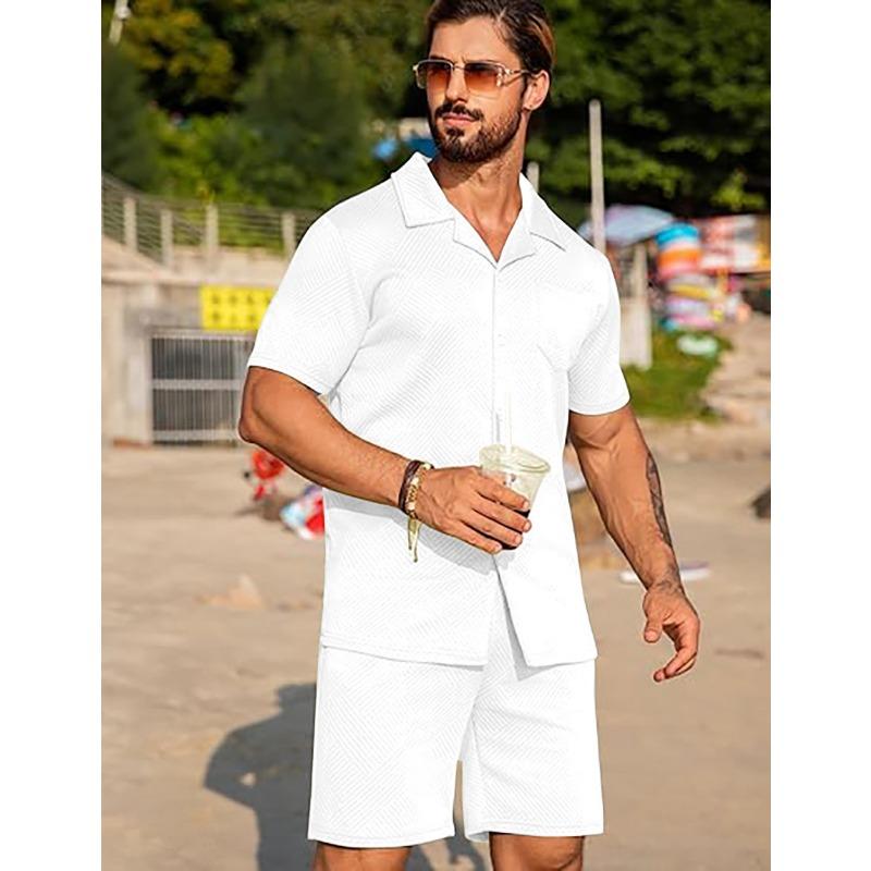Men's Summer Casual Texture Beach Short-sleeved Knitted Sweater Buckle and Shorts Set