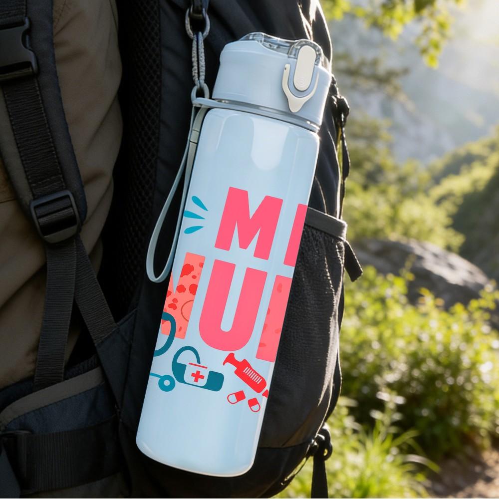 1PC MDS Nurse Color Heart Text 750ml Color Plastic Sports Water Bottle Leakproof Flip Straw Lid Suitable for Sports Office Home Use
