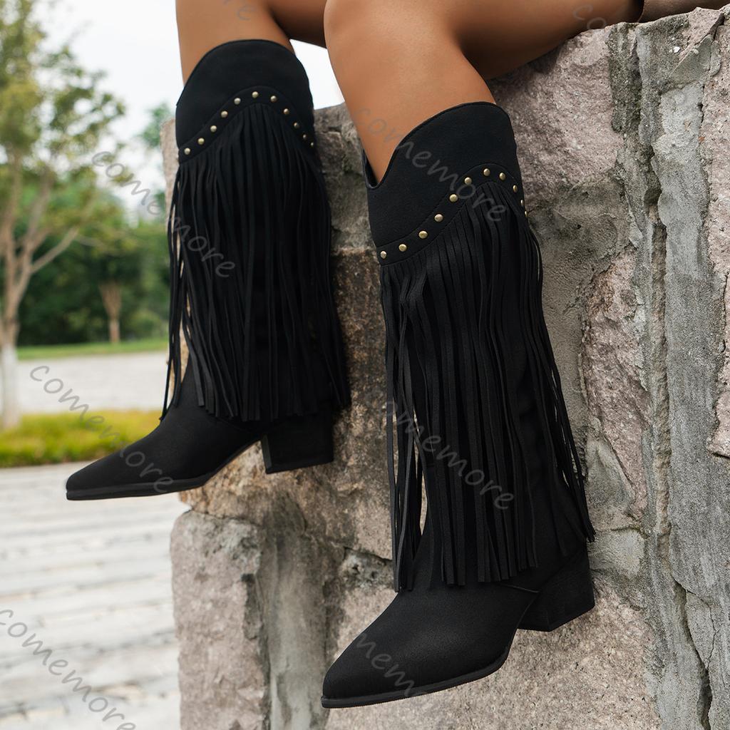 Fashion Comemore Fashion Tassel Long Boots Spring Autumn Women's Retro Pointed Head Solid Booties Vintage Shoes Rivet Knee-High Botas