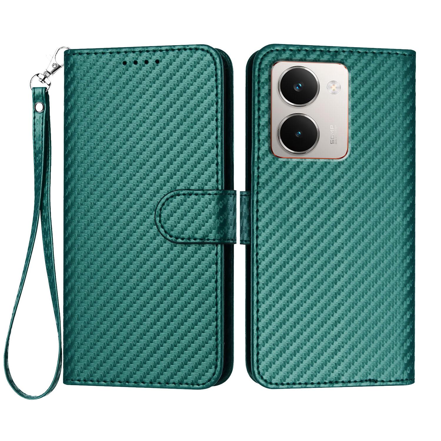 

For Realme P3 Ultra 5G Wallet Case with Strap Carbon Fiber Texture Leather Mobile Cover Blackish Green