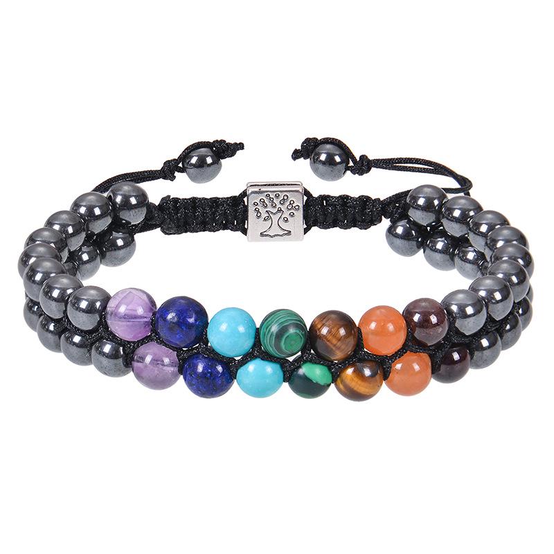 European & American Fashion Malachite Double-Layer Tree of Life Bracelet with Seven-Color Stones