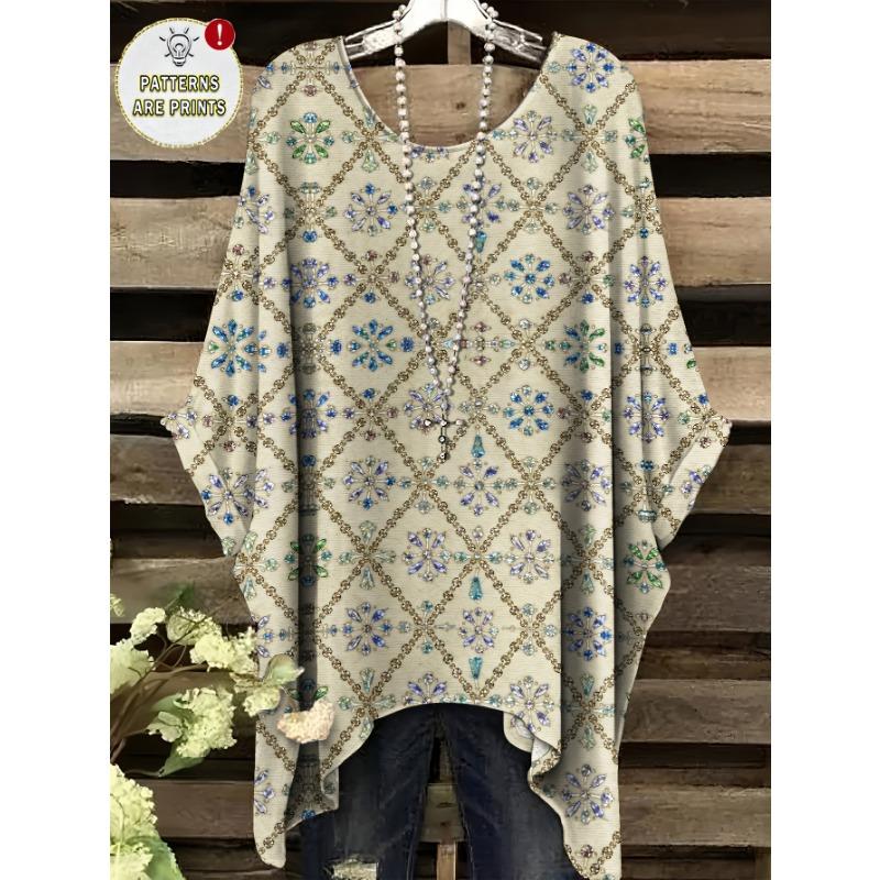 

Versatile and fashionable round neck loose T-shirt with gem pattern all over print S