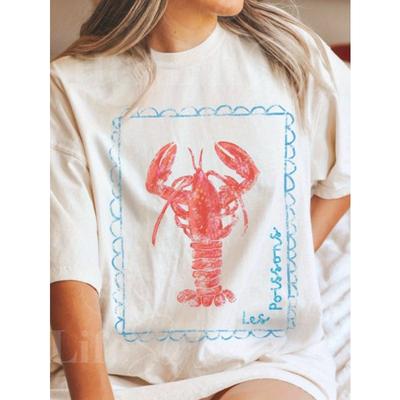 Europäische Größe Comfort Colors Hummer Grafik-T-Shirt | Getragenes französisches Küsten-T-Shirt | Lockeres Coquette-Style Oberteil | Nautische Fischer-Mode