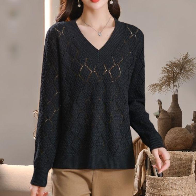 Women's V-neck Plus Size Sweater  Loose Hollow Out  Solid Color Loose Knit Pullover Sweater  Autumn Spring Summer