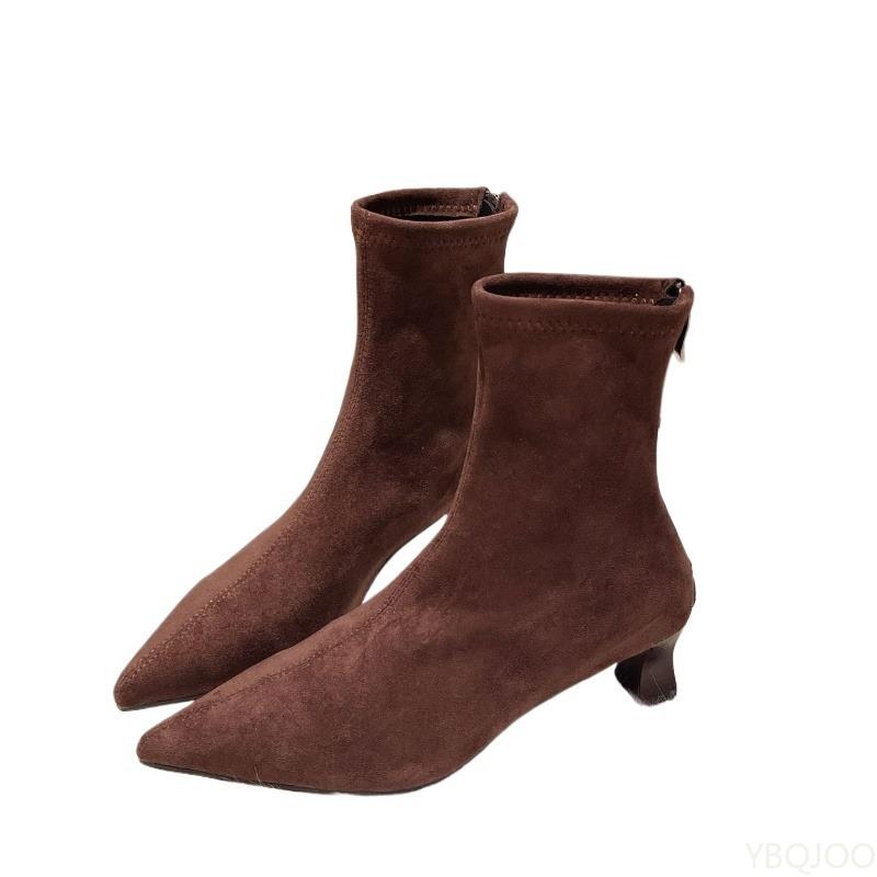 Large size fashion boots women mid heel pointed toe back zipper short boots autumn leopard print elastic women slim boots