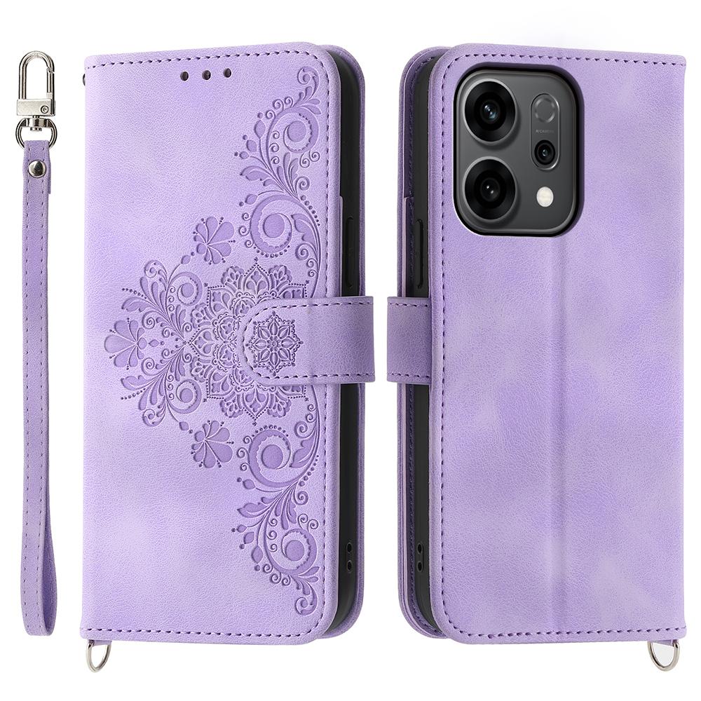 For Oppo Reno14 F 5G Case Flower Pattern PU Leather Wallet Phone Cover with Strap