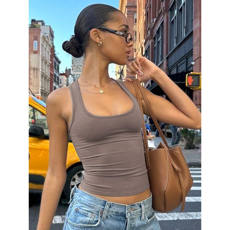 European and American Women's Clothing American Style Minimalist Square Collar I-Shaped Sports Vest Female Street Ins Easiest for Match Workout Top