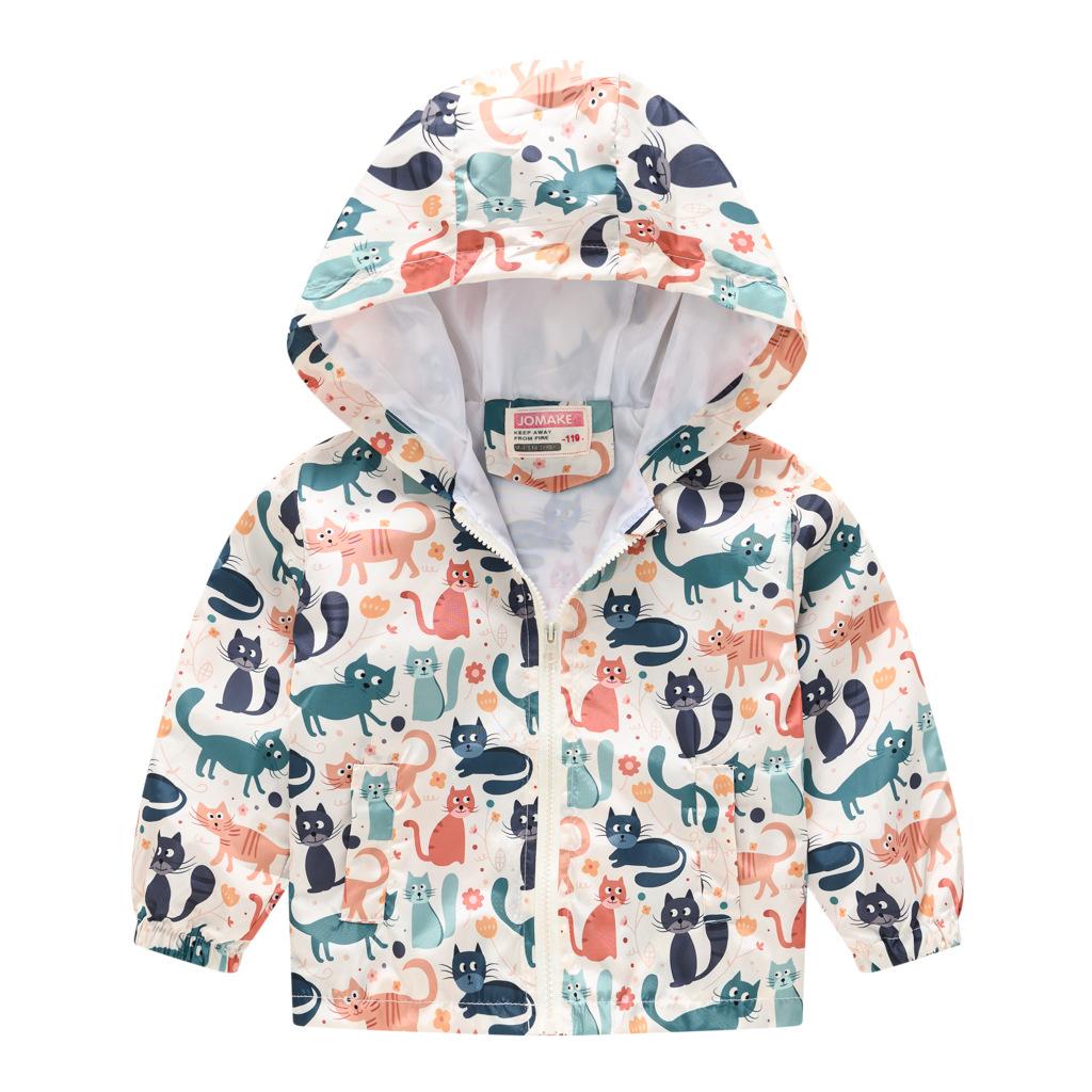 Toddler Kids Cartoon Print Hooded Jacket Boys Girls Lightweight Windproof Zip Up Casual Outerwear Coat