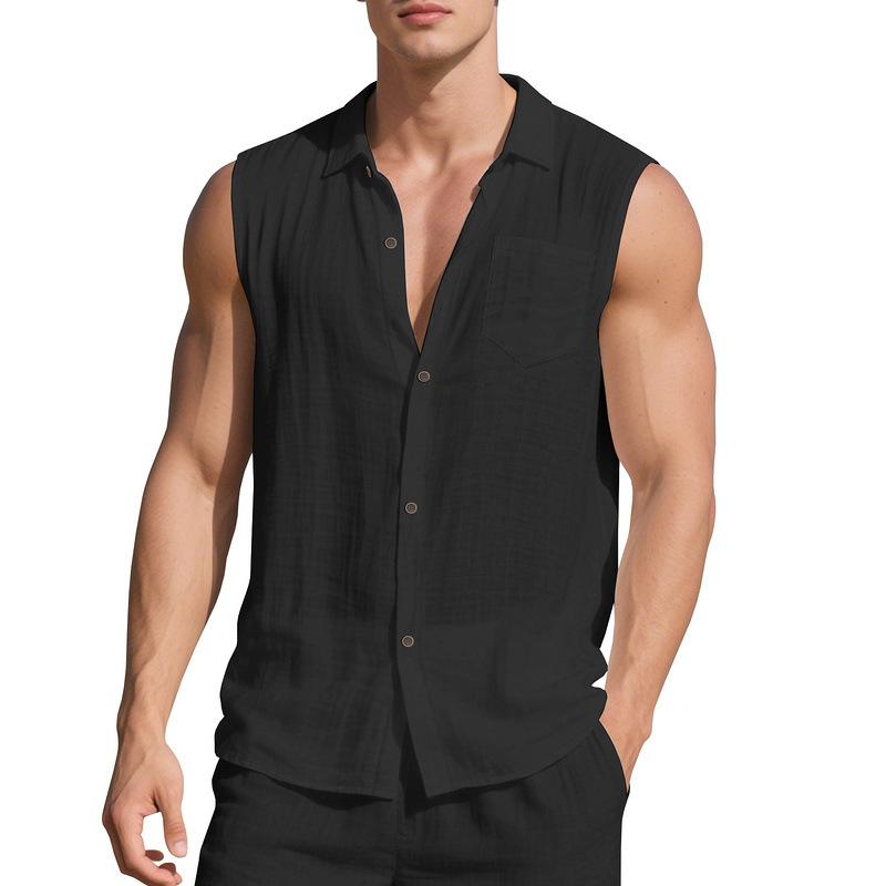 New linen solid color shirt men's summer sleeveless loose casual lapel vest