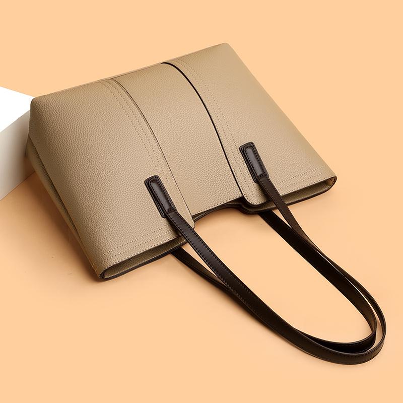 Simple Modern Tote Beige Color-Blocked Lychee Pattern Tote Bag Minimalist Design Comfortable for Daily Essentials