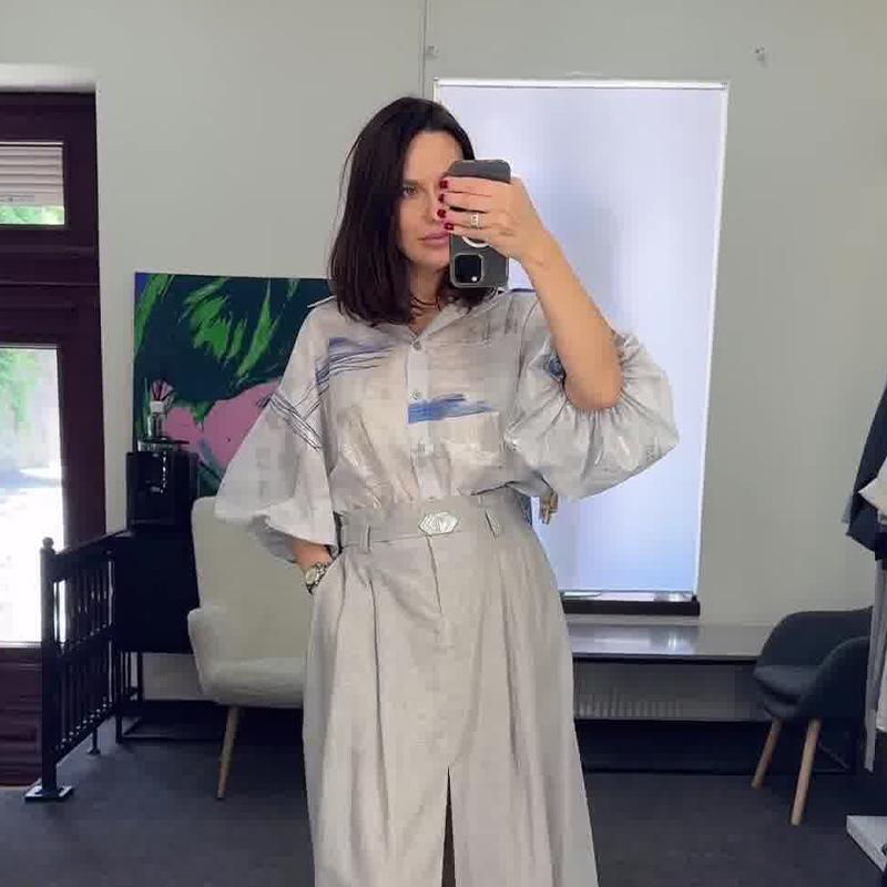 2024 Autumn Women's Puff Sleeve Shirt and High Waist Midi Skirt Two-Piece Set