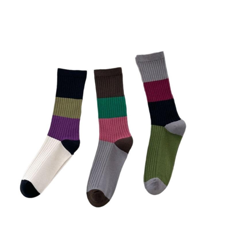 Autumn and Winter Color-blocked Striped Socks, Dopamine Retro Mid-calf Double-needle Socks, Stylish and Slimming Long Socks