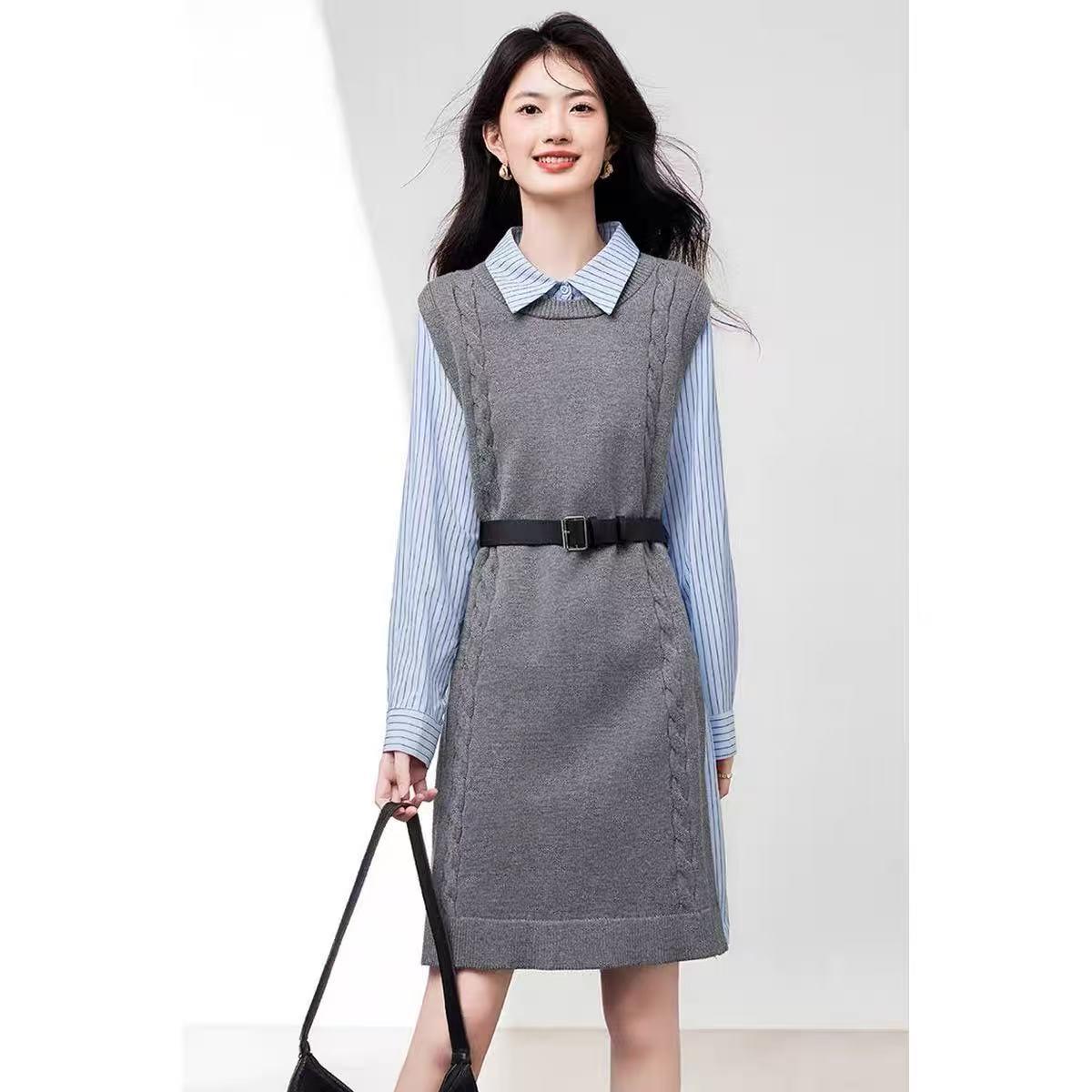 

6357 Spring-Autumn Fashion Casual Patchwork Color Block Two-Piece Dress M (90-113 jin)