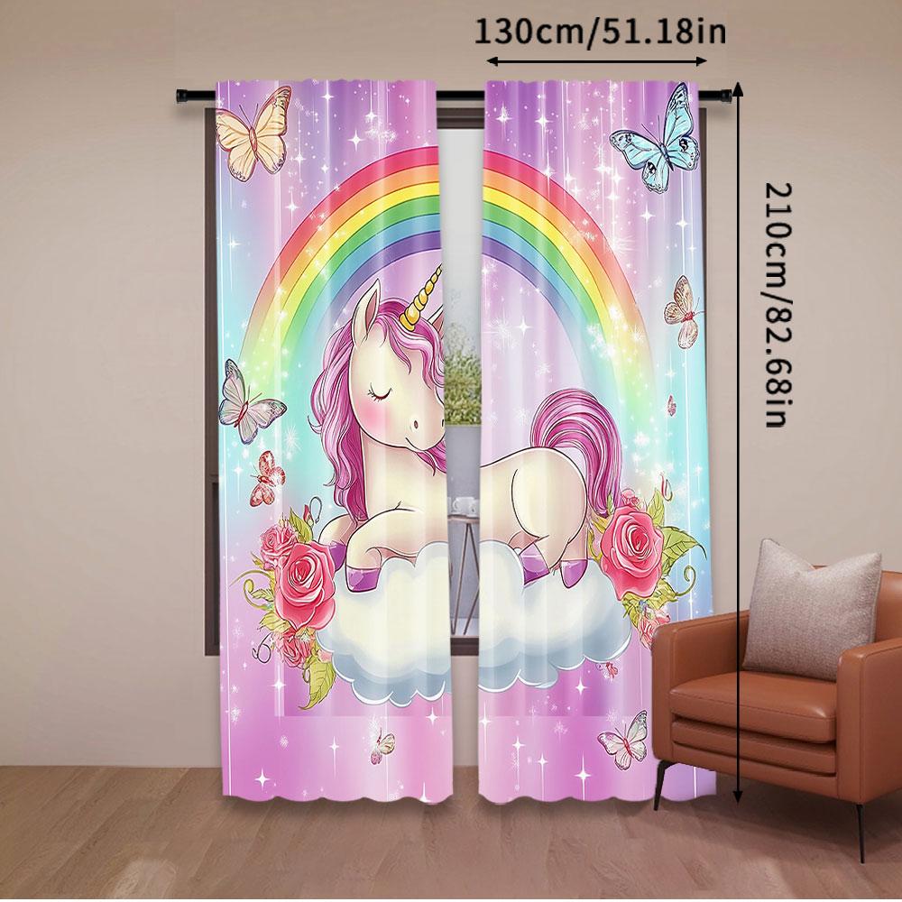 Set Of 2 Unicorn Curtain Rainbow Butterfly Suitable Living Room Bedroom Kitchen Bathroom For Great Made Polyester