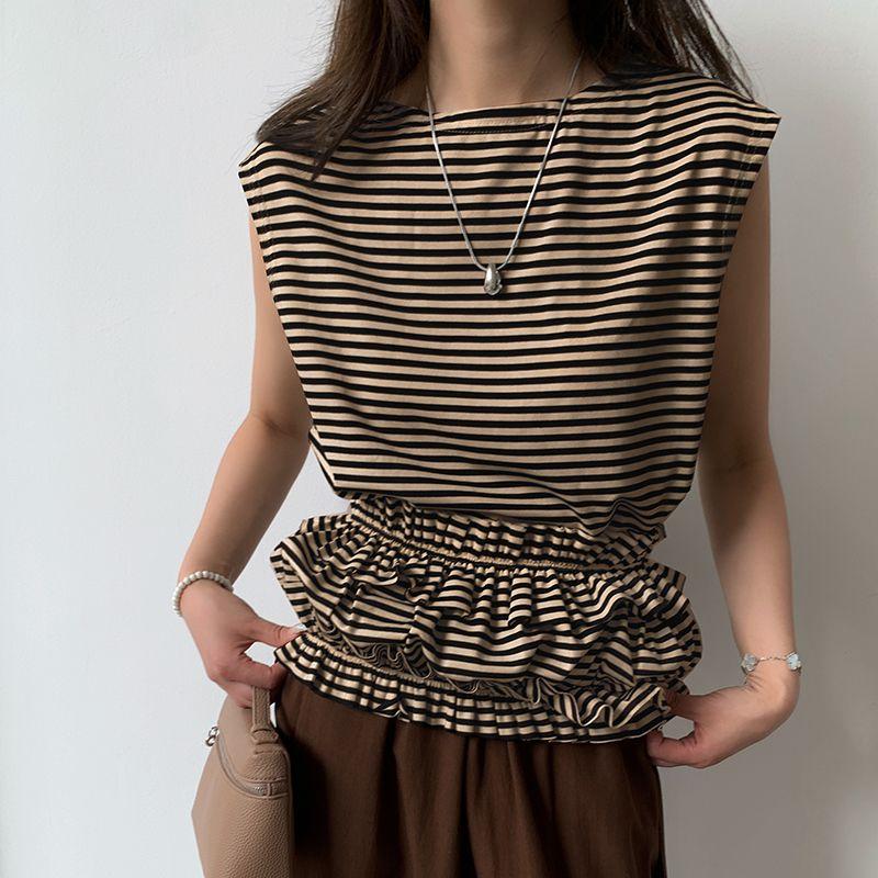 Cross-Border Japanese and Korean New Arrival Fruit Green Stripes Round Neck Ruffles Tight Wrapped Chest Belt Two-Way Sleeveless T-shirt for Women